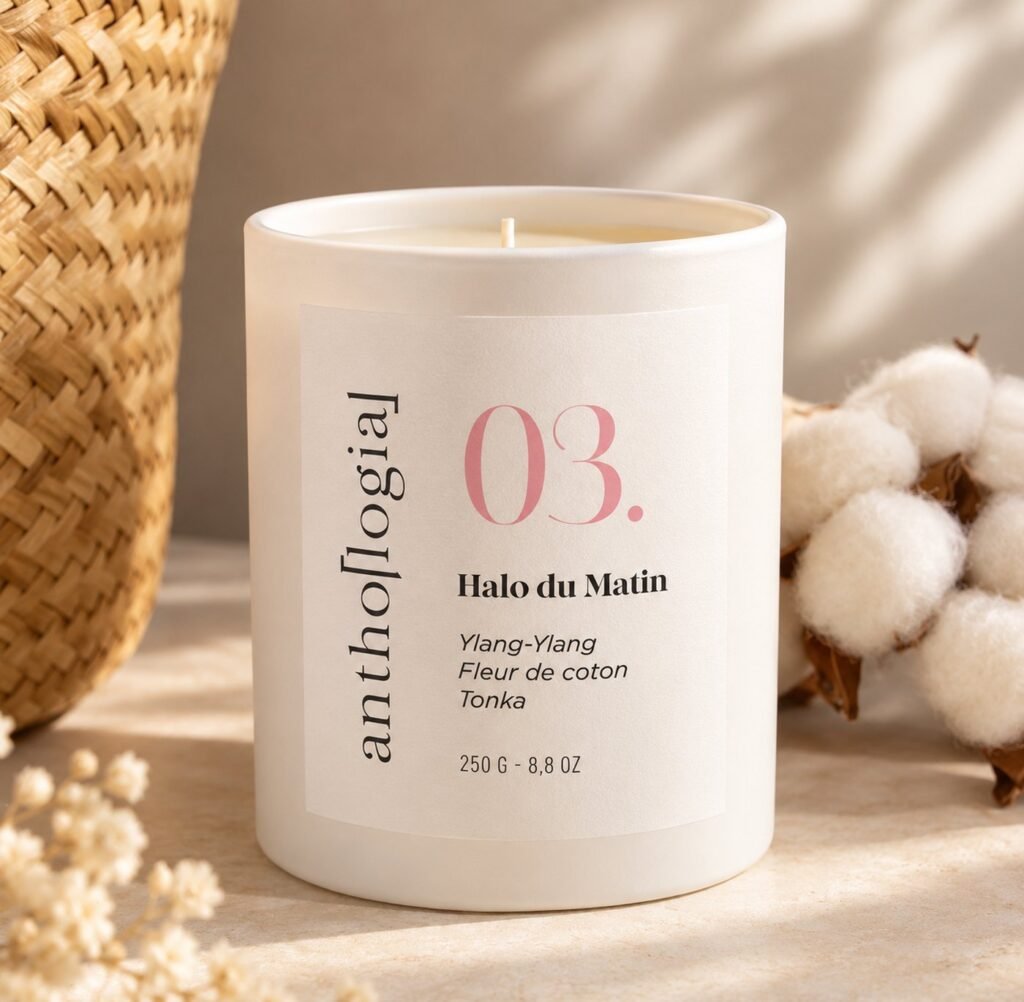 Bougie naturelle Anthologia Halo du Matin, cire végétale et parfum de Grasse, créée lors d'un atelier à Genève