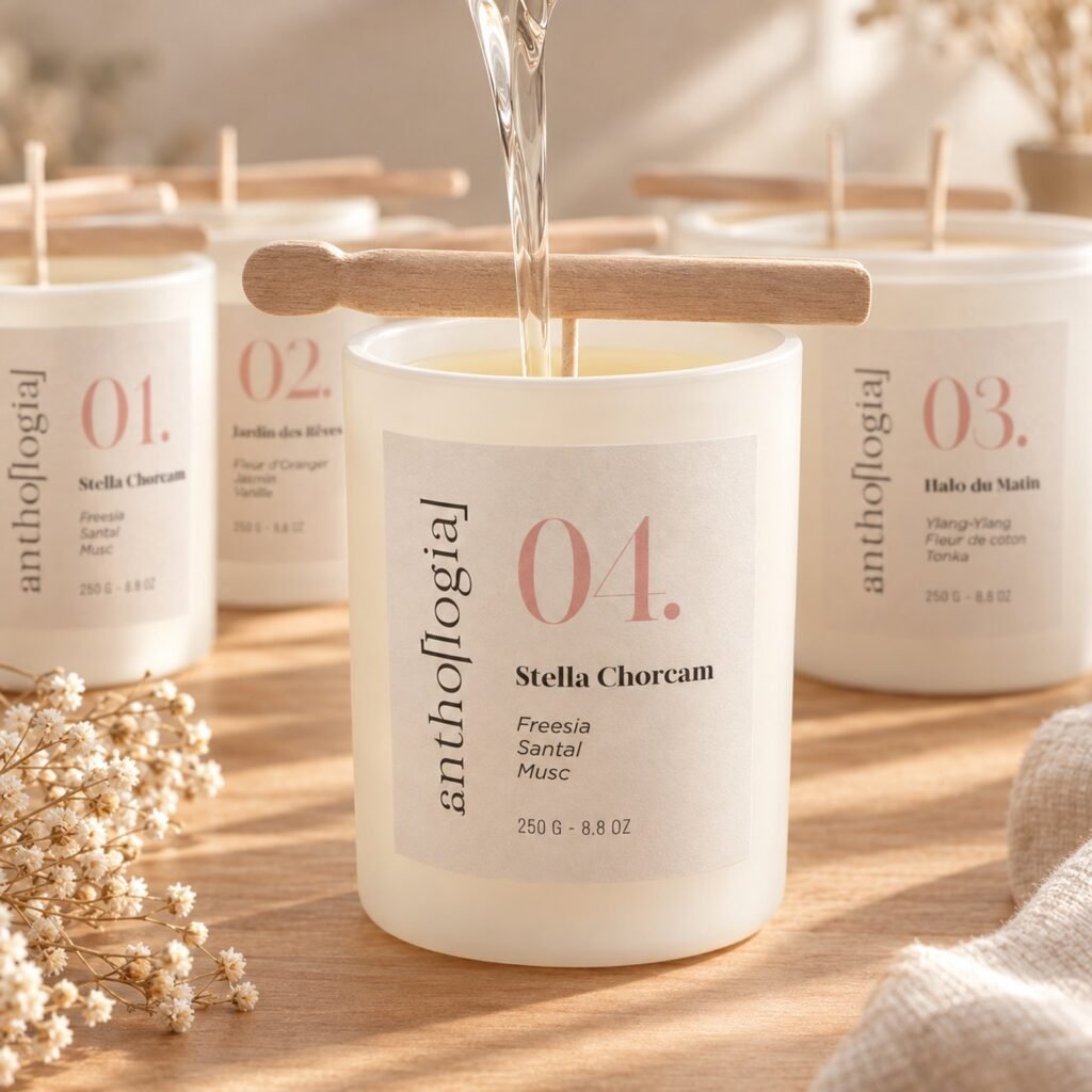 Coulée de cire parfumée dans un contenant blanc lors d'un atelier de création de bougies naturelles à Genève