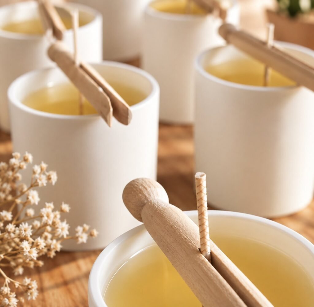 Contenants en céramique blanche et mèches maintenues par des bâtonnets en bois, prêts pour un atelier de création de bougies